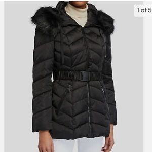 $179 Tahari Women's Black Belted Faux Fur Puffer Hooded Down Coat Jacket Size S